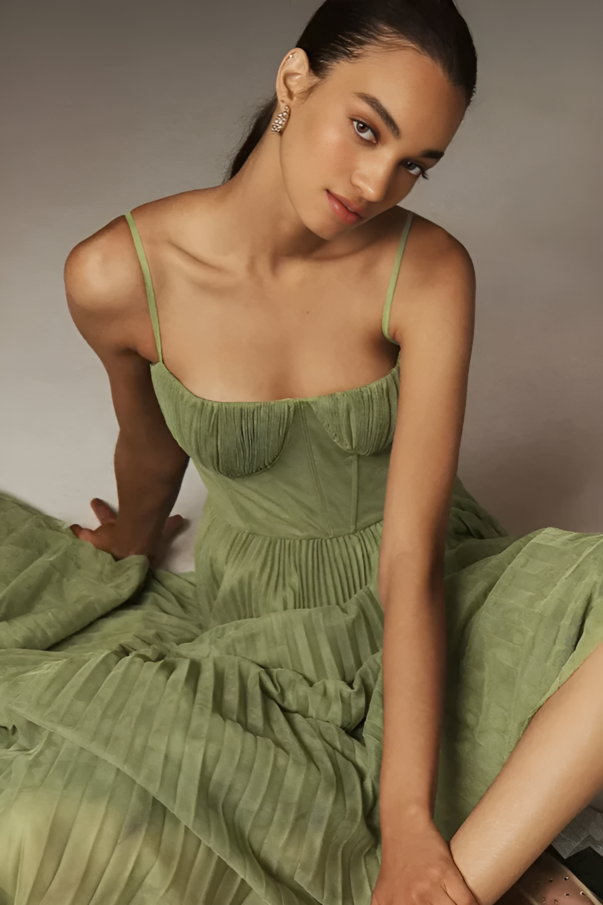 Bustier Pleated Tulle Midi Dress