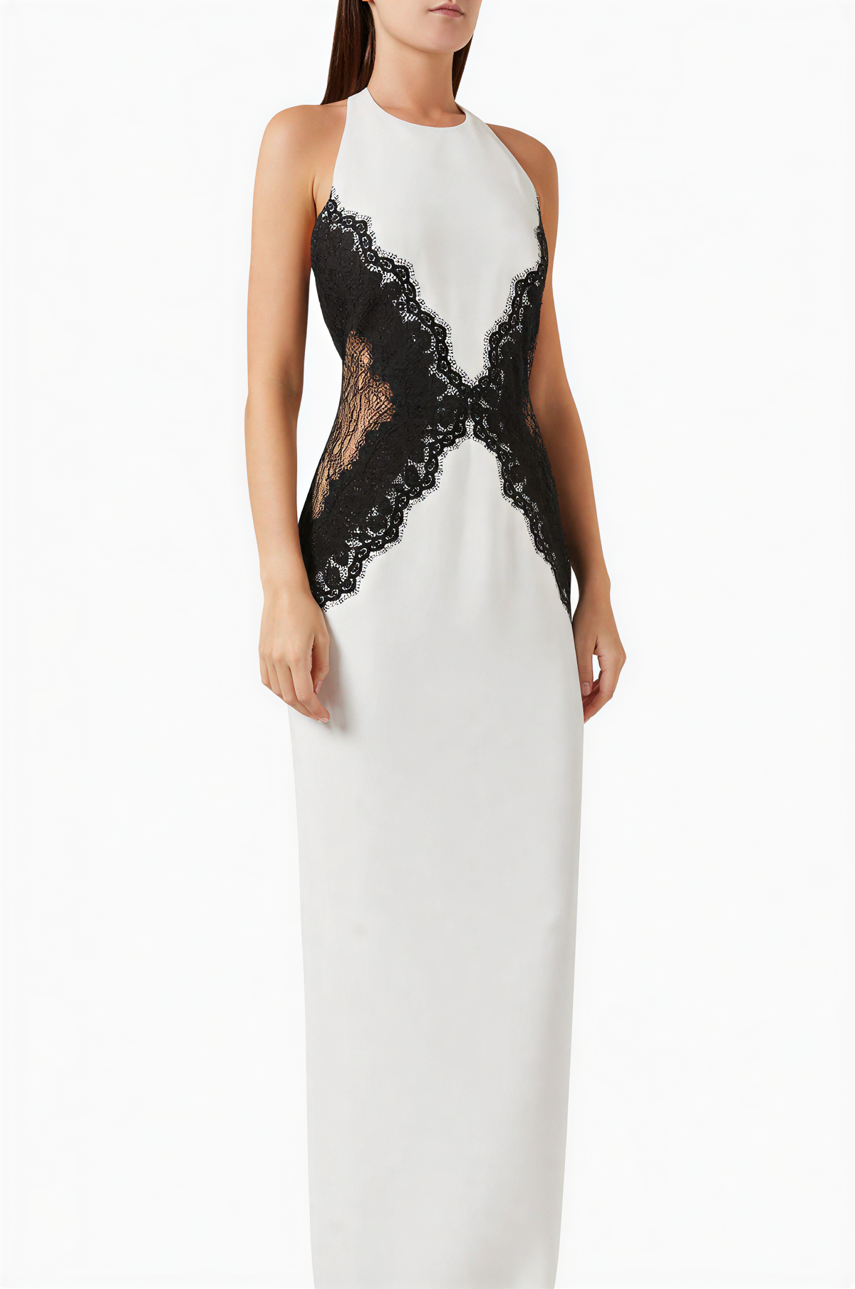 Open Back Maxi Dress In Crepe & Lace