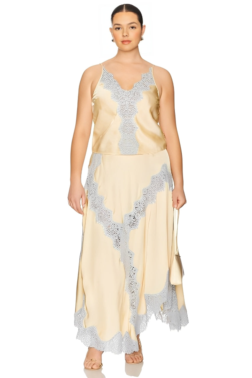 Beige & Blue Lace Trim Top And Skirt Two-piece Set