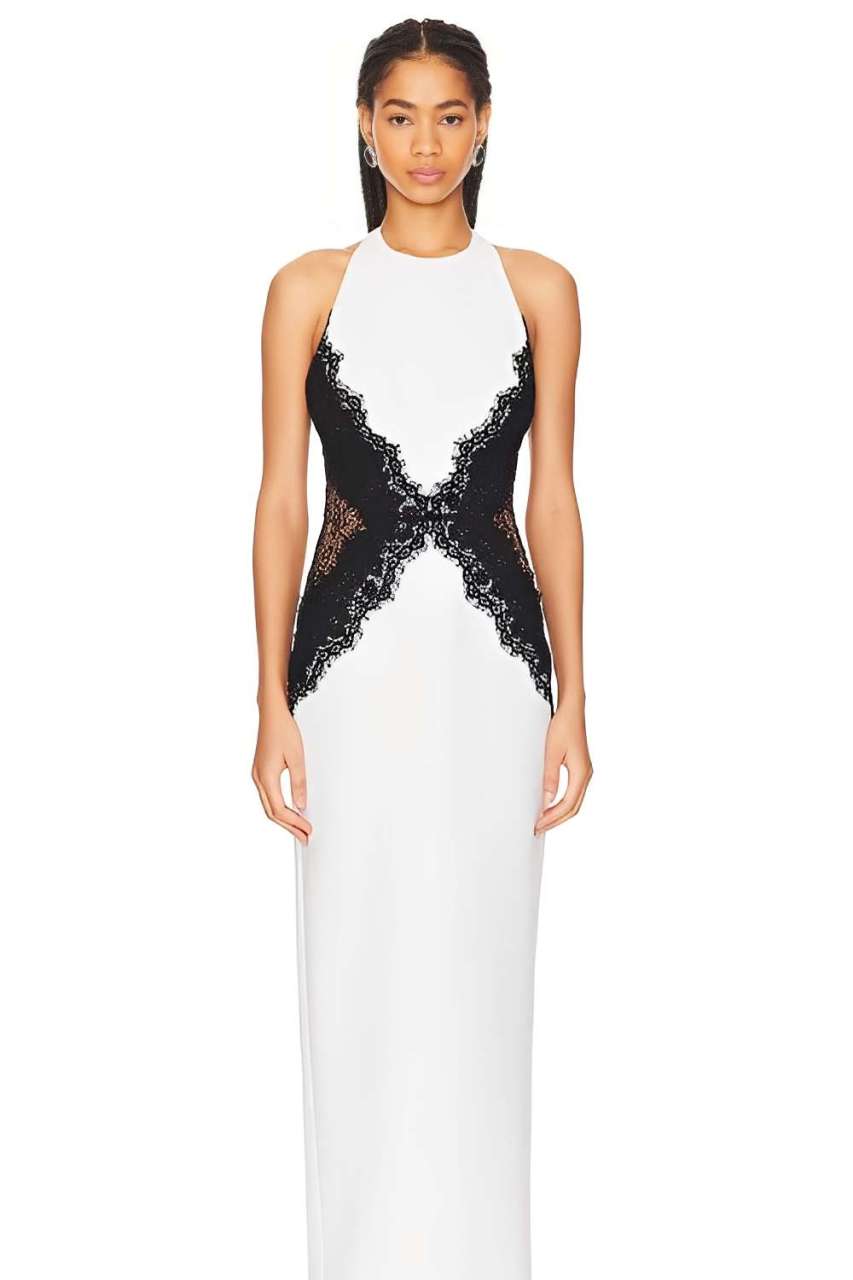 Open Back Maxi Dress In Crepe & Lace