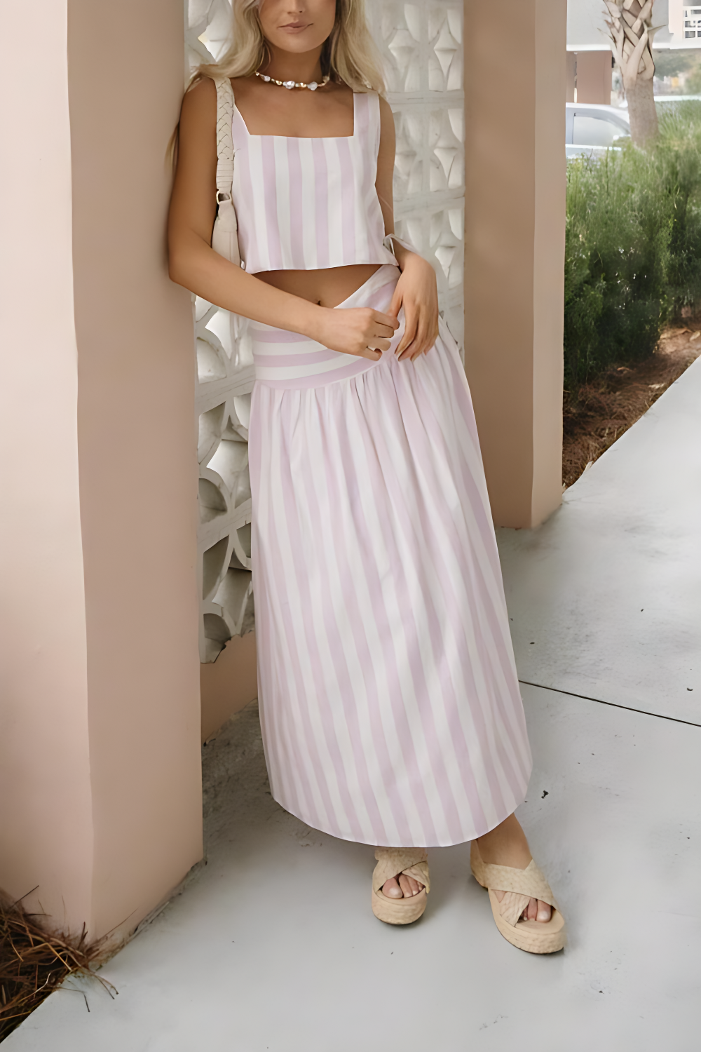 Pink and White Striped Skirt Set