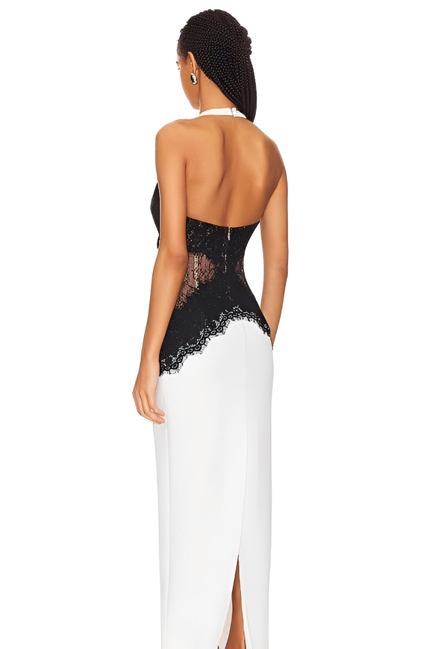 Open Back Maxi Dress In Crepe & Lace