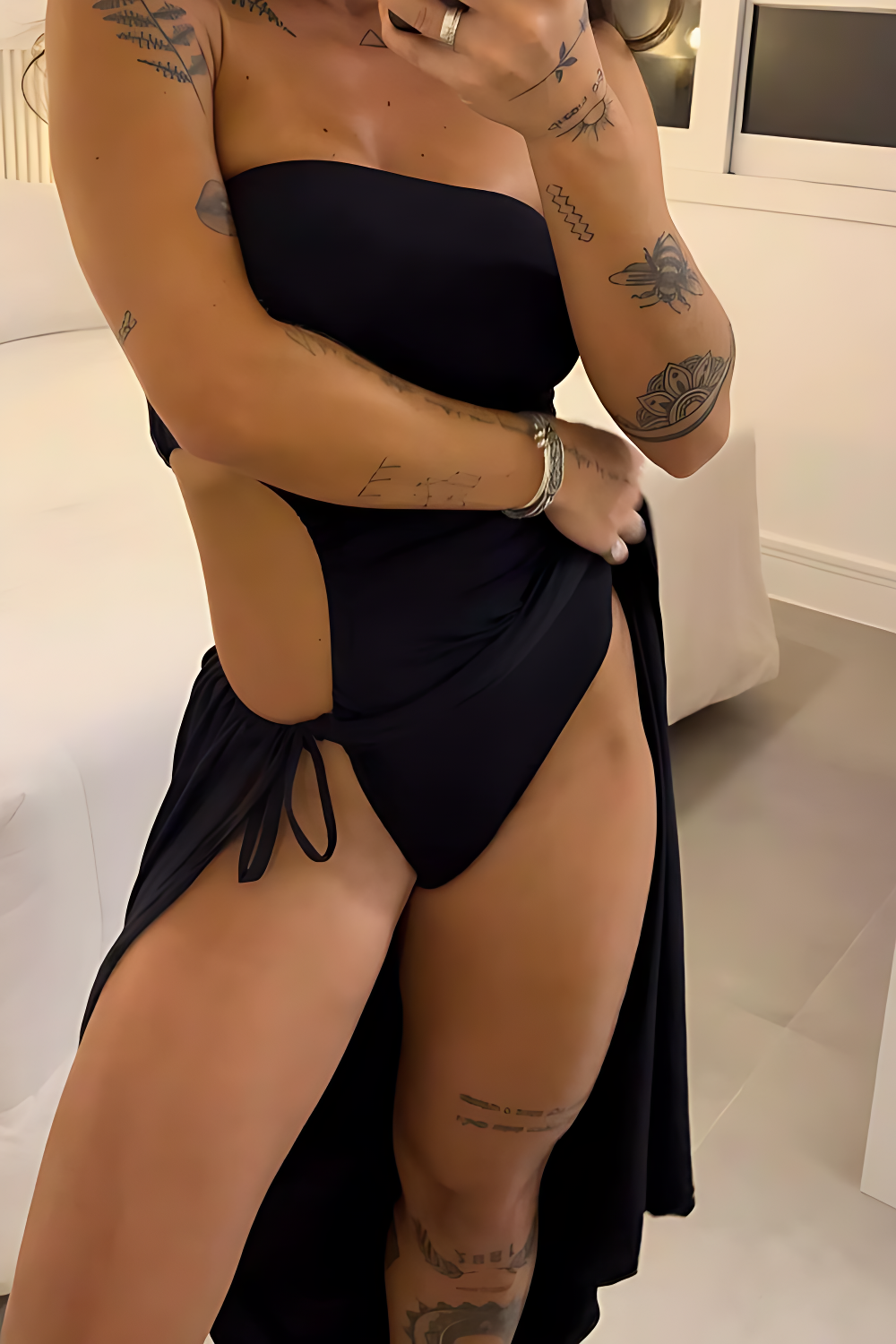 Bandeau Side Slit Tie Bodysuit Dress