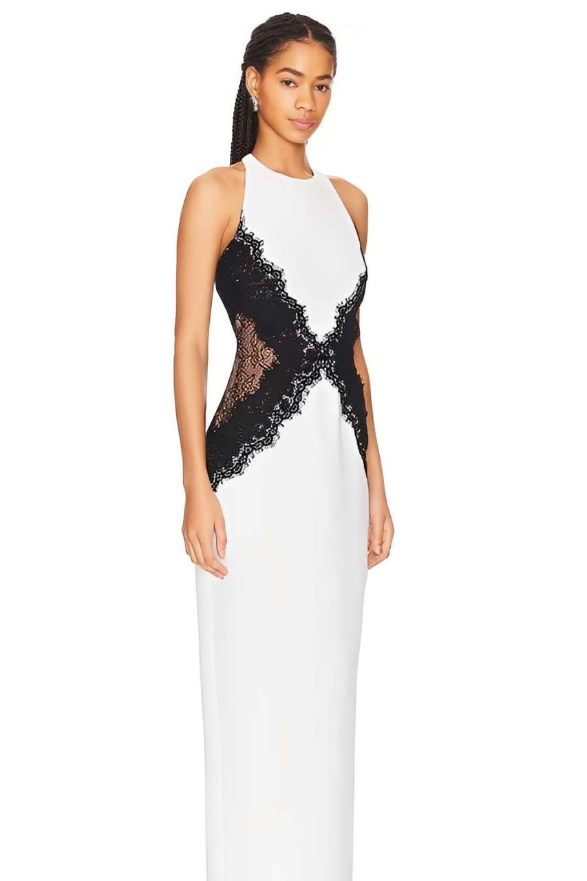 Open Back Maxi Dress In Crepe & Lace