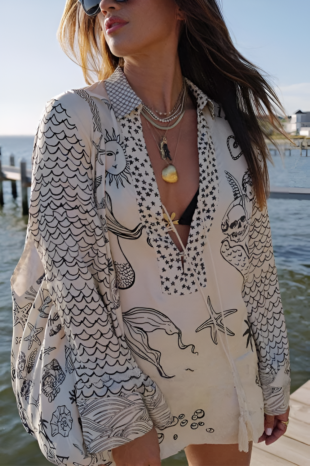 Collared V Neck Shirt and Side Slit Shorts Sea Print Set
