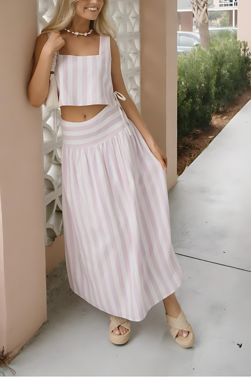 Pink and White Striped Skirt Set
