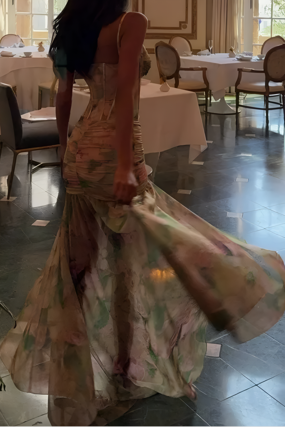 Green Floral Dress Ruffled Asymmetric Bodycon Gown