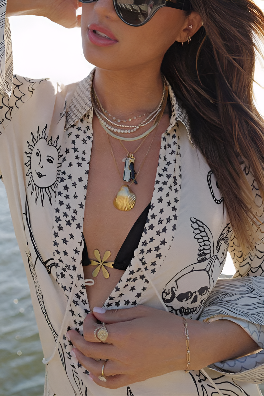 Collared V Neck Shirt and Side Slit Shorts Sea Print Set
