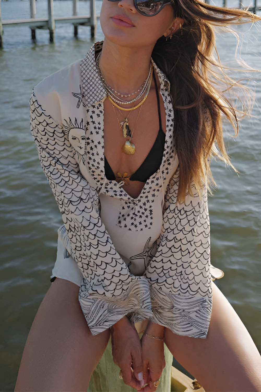 Collared V Neck Shirt and Side Slit Shorts Sea Print Set