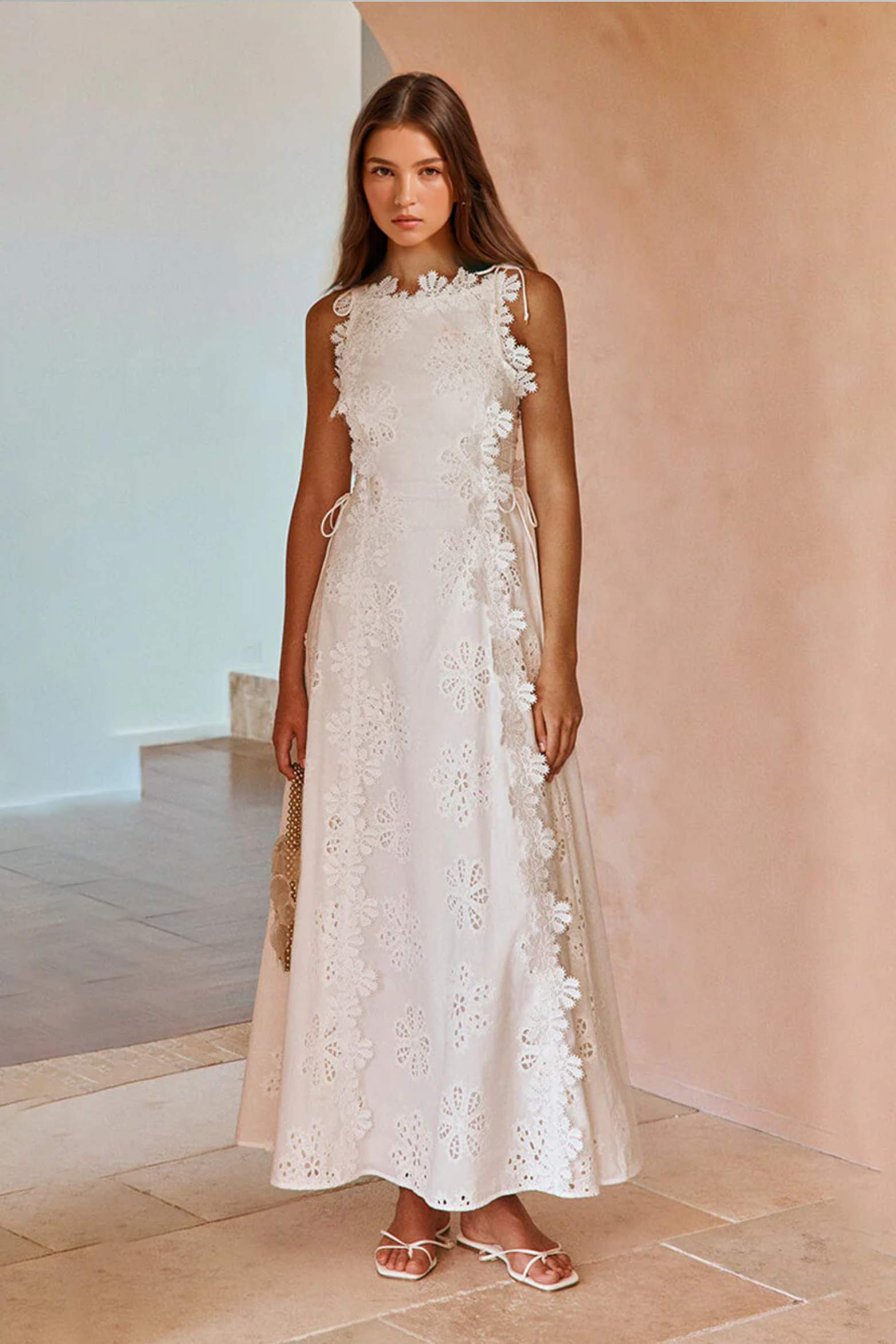 Delicate Lace Hook And Lace Up Sides Maxi Dress
