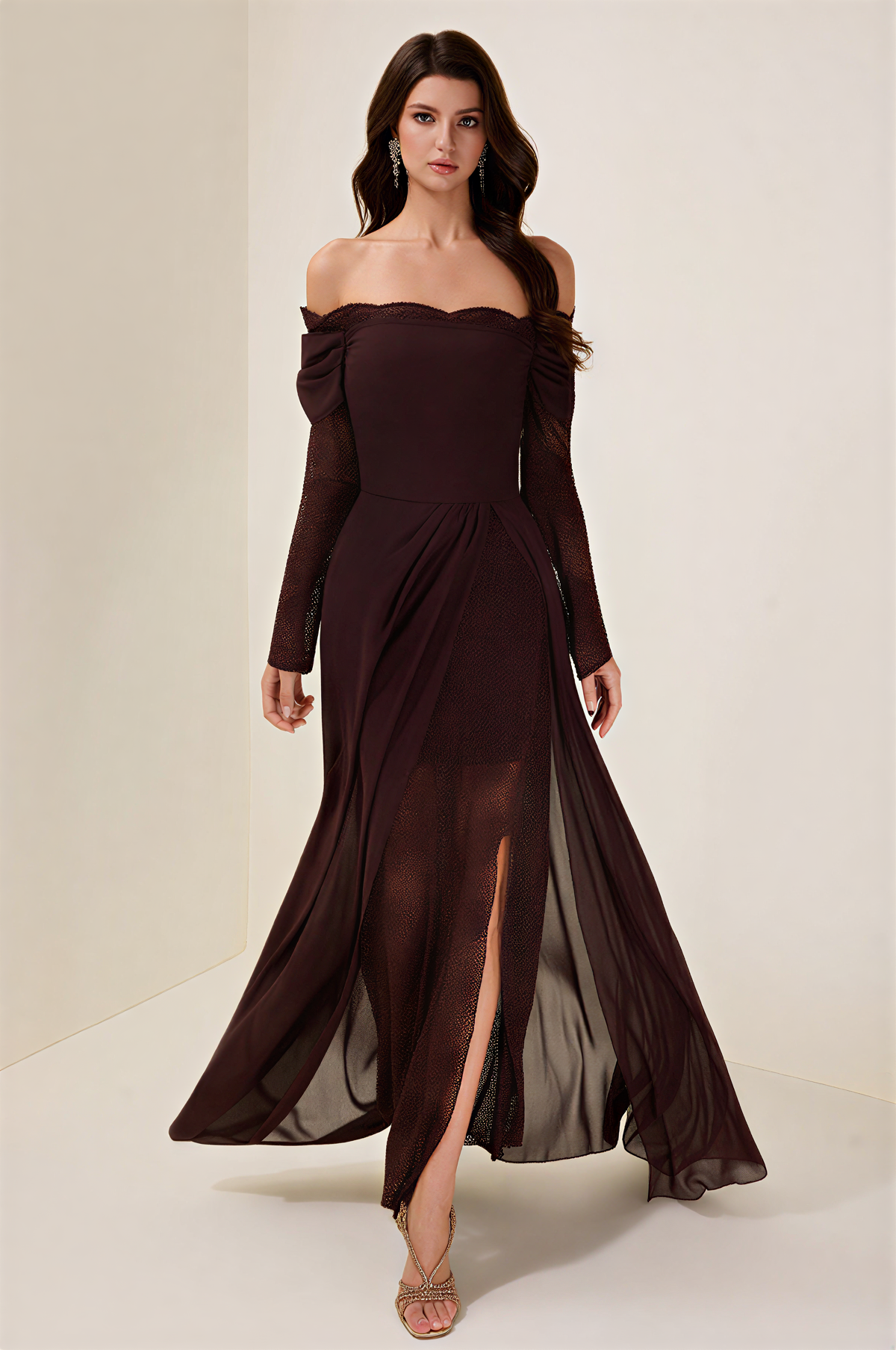 Lace Splicing Chiffon Off Shoulder Maxi Dress