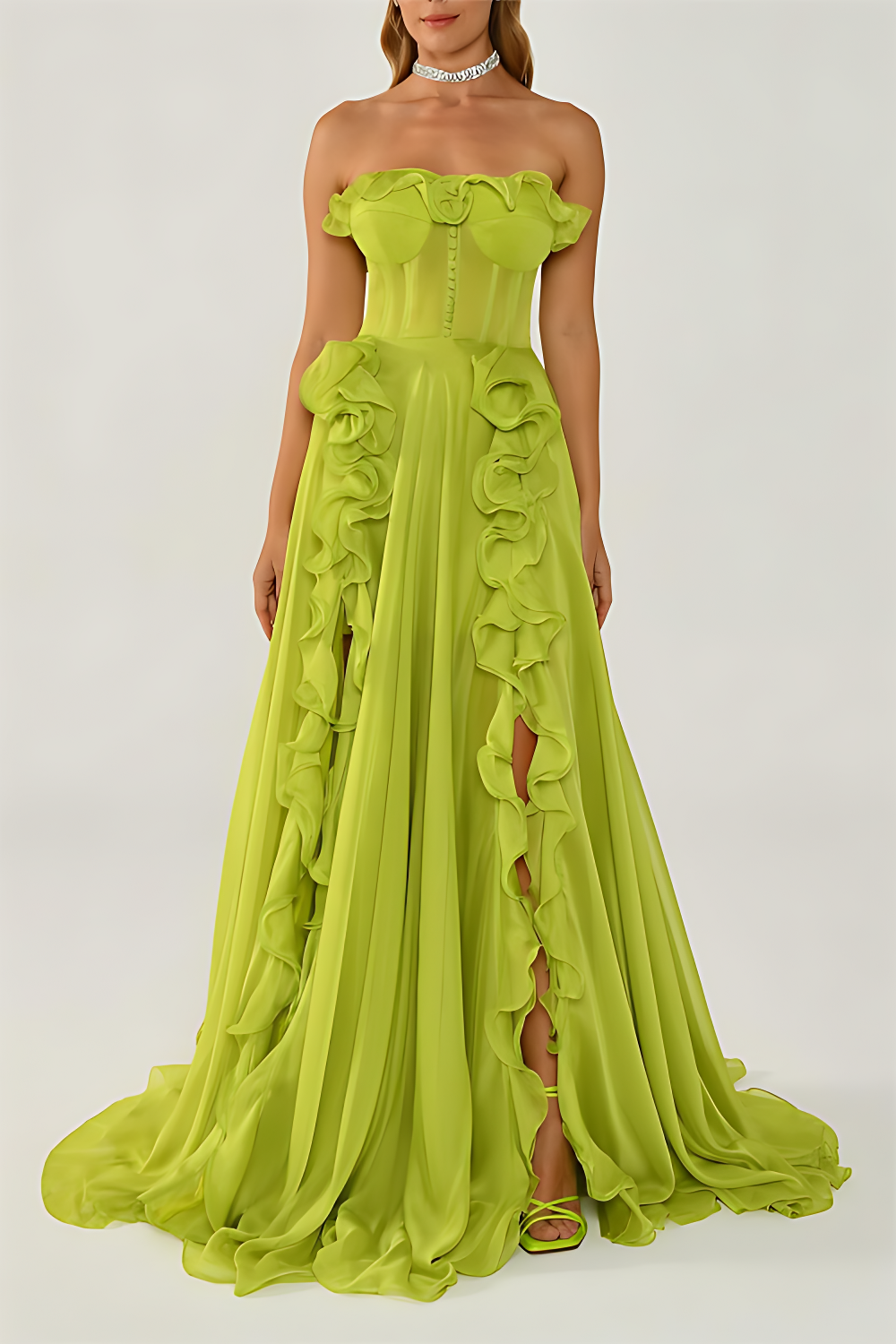 Solid Frill Sweetheart Neck Sleeveless Maxi Dress